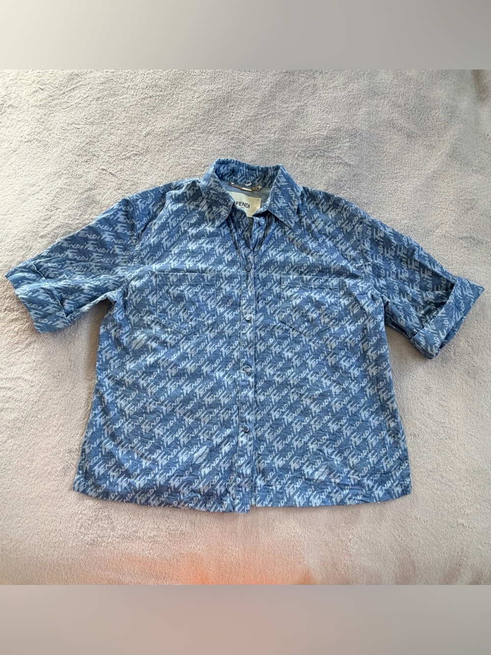Fendi Blue Logo-Print Short Sleeve Chambray Shirt Size 44 M-L